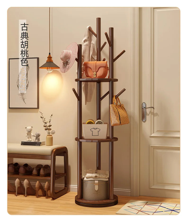 Rotating Wooden Coat Rack Durable Floor Standing Clothes Hanger Bedroom Clothes Rack Stand Space-Saving Storage Rack