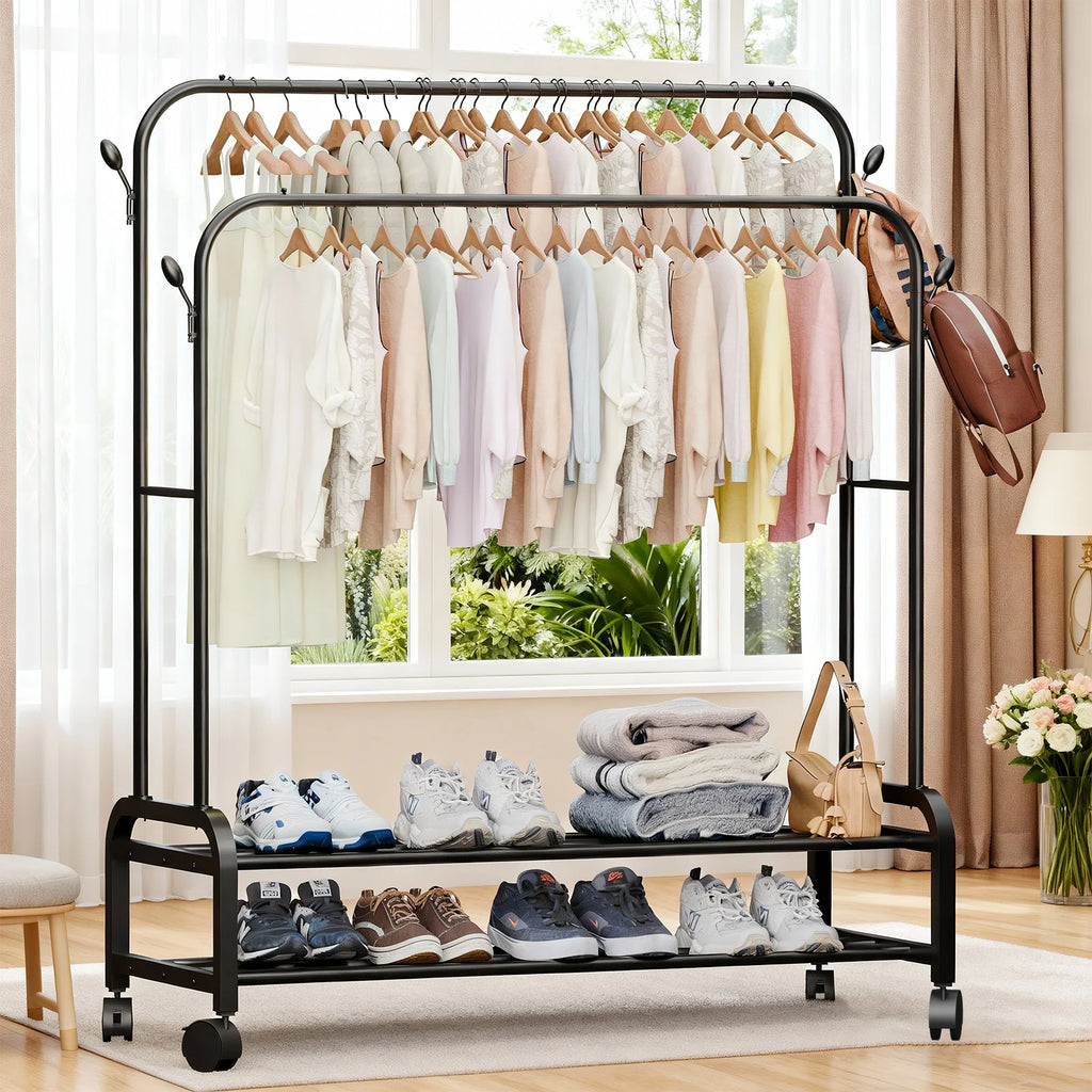 Double-Rail Closet Clothes Rack 2-Layer with Wheels Side Hooks Double Bottom Shelf To 150 lbs for Coats Shoes Organizing