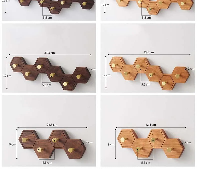 Retro Honeycomb Solid Wood Wall Hooks 4/6/8 Brass Hooks Coat Rack Walnut/Cherry Wood Entryway Clothes Wall Hanging Home Decor