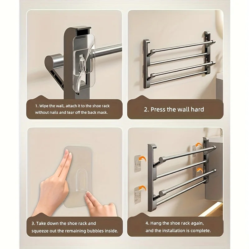 Punch Free Foldable Bathroom Slipper Rack Wall Mount Door Back Drying Shoe Storage Organizer