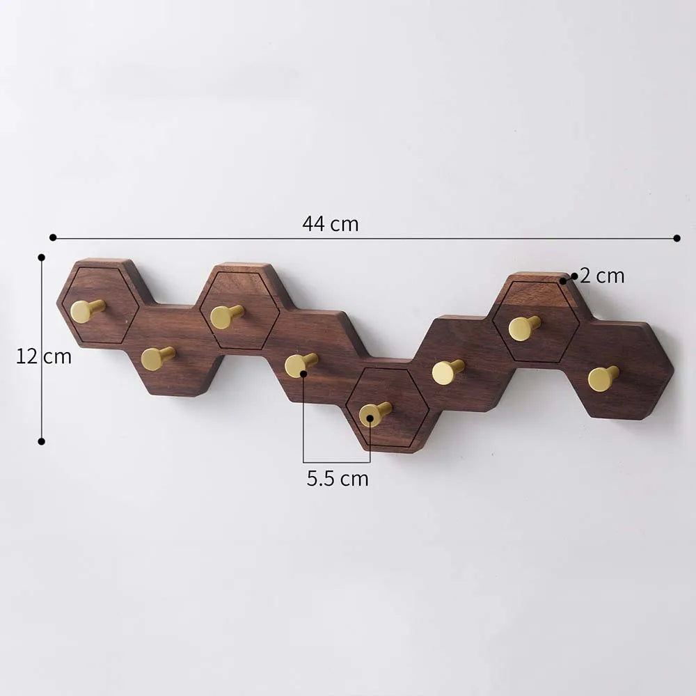 Retro Honeycomb Solid Wood Wall Hooks 4/6/8 Brass Hooks Coat Rack Walnut/Cherry Wood Entryway Clothes Wall Hanging Home Decor
