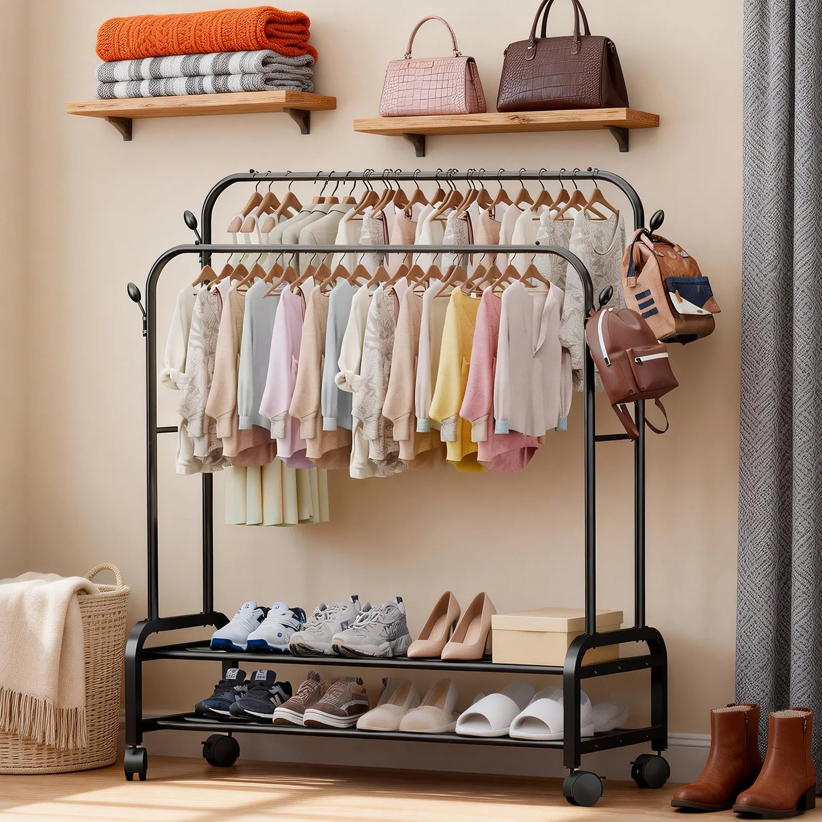 Double-Rail Closet Clothes Rack 2-Layer with Wheels Side Hooks Double Bottom Shelf To 150 lbs for Coats Shoes Organizing
