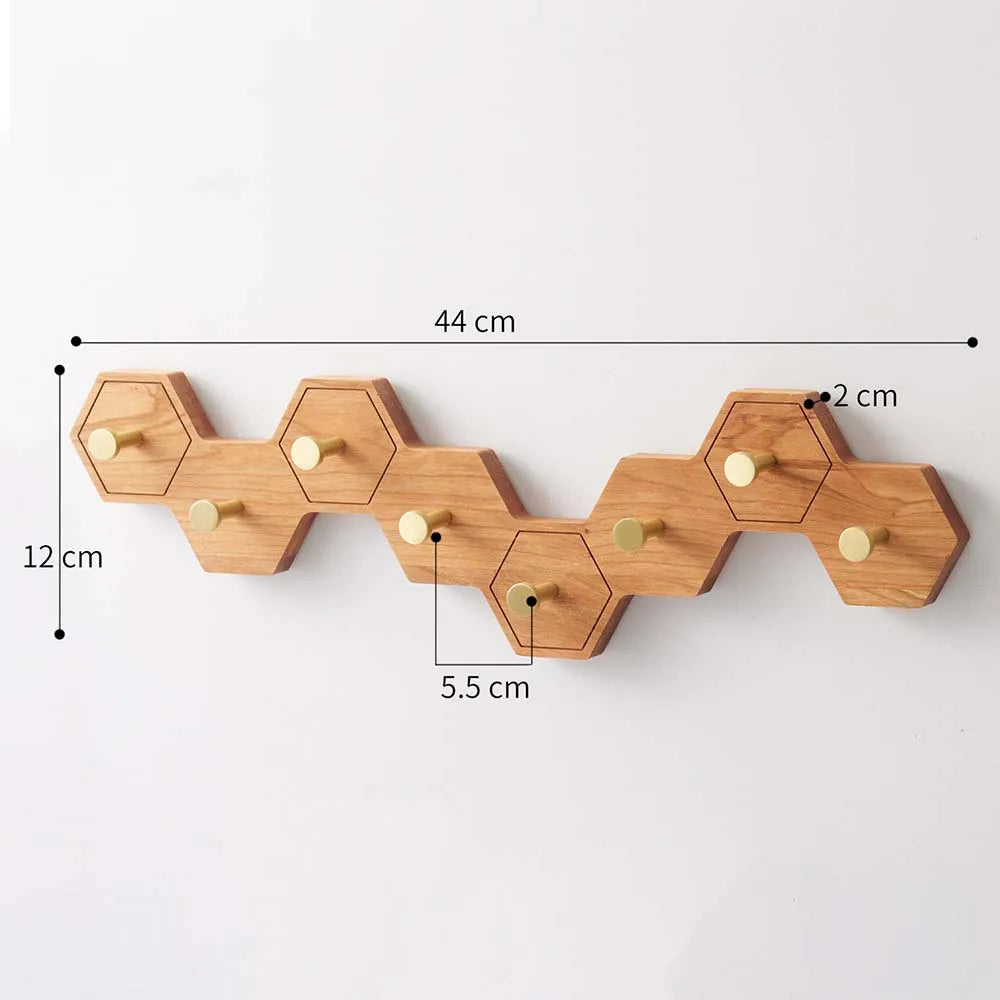 Retro Honeycomb Solid Wood Wall Hooks 4/6/8 Brass Hooks Coat Rack Walnut/Cherry Wood Entryway Clothes Wall Hanging Home Decor