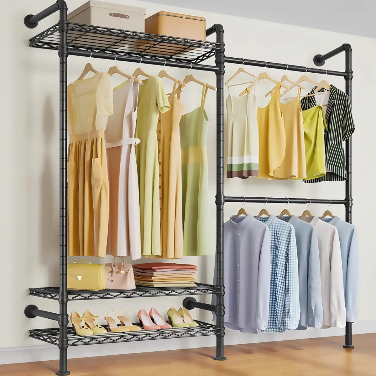 Wall Mounted Pipe Closet Organizer – Expandable Carbon Steel Clothes Rack with Wire Shelves – Adjustable Rods – Matte Black Space-Saving Storage Solution