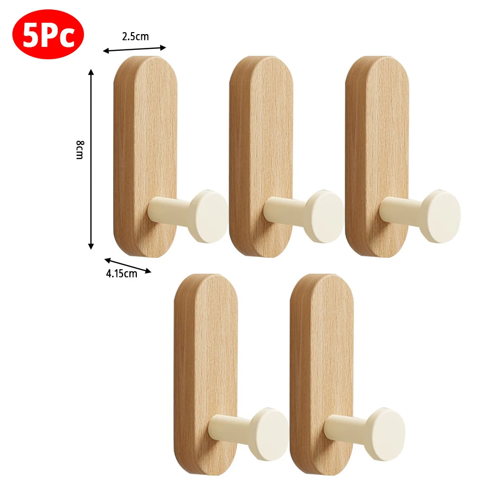 Self-adhesive Solid Wooden Wall Hook for Hanging Key Coat Towel Clothes Towel Bag Hanger Door Hook Coat Rack Entryway Key Holder