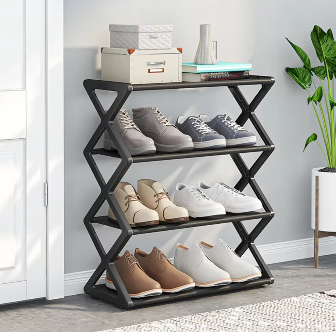 4Layer X-Type Multi Layered and Space Saving Shoe Rack,Solid Color Simple Home Assembly Shoe Rack,Suitable for Porch,Living Room