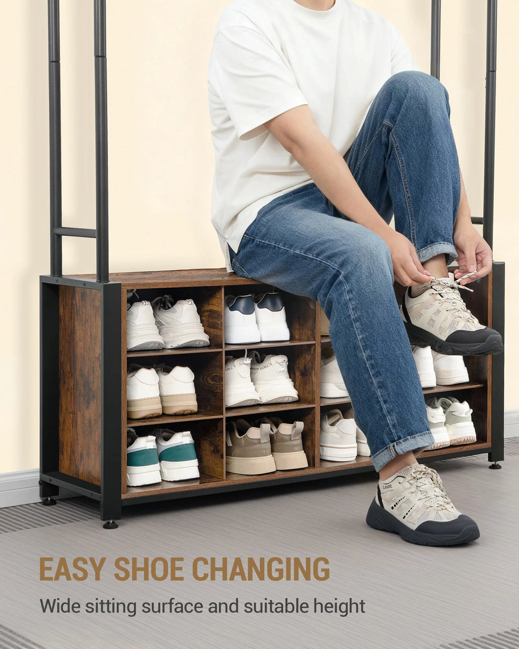 Coat Stand with Shoe Bench, Coat Rack with 13 Hooks, 14 Open Compartments, Adjustable Shelves, Clothes Rack for Hallway