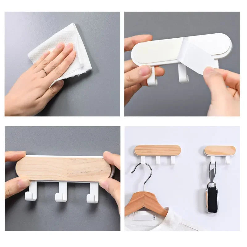 Wood Key Holder Hat Scarf Storage Organizer Strong Magnetic Key Ring Storage Rack Phone Hooks Self Adhesive Wall Mounted Hangers