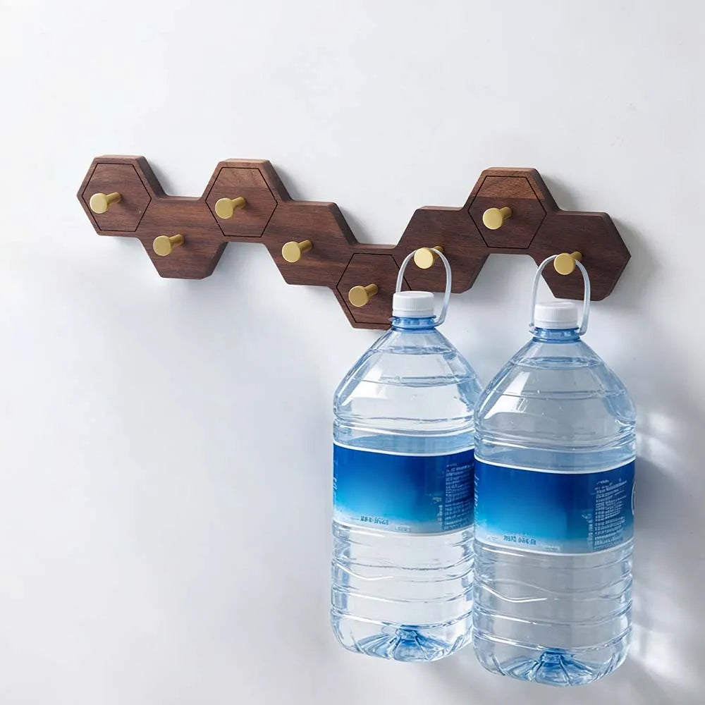 Retro Honeycomb Solid Wood Wall Hooks 4/6/8 Brass Hooks Coat Rack Walnut/Cherry Wood Entryway Clothes Wall Hanging Home Decor