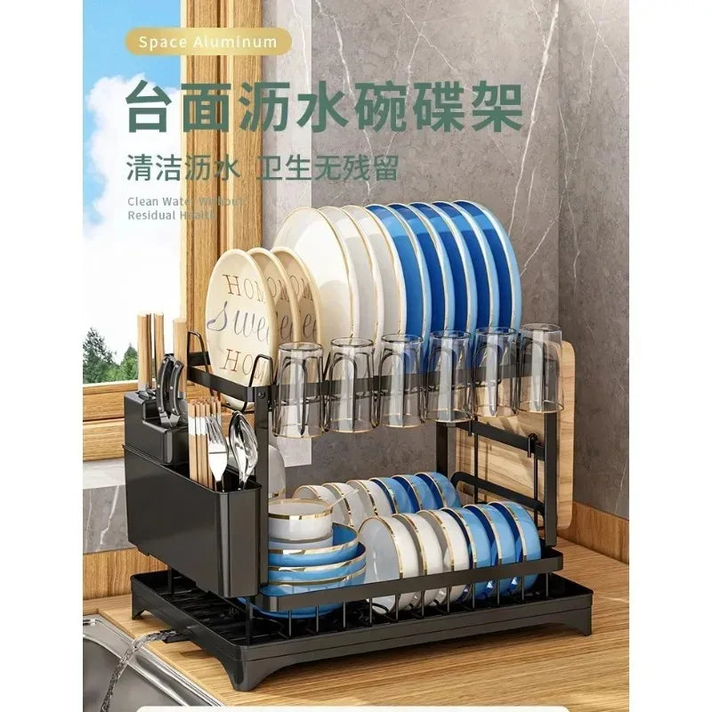 New Dishes Drain Rack Kitchen Tableware Plate Storage Rack Household Multifunctional Tableware Double-layer Shelf