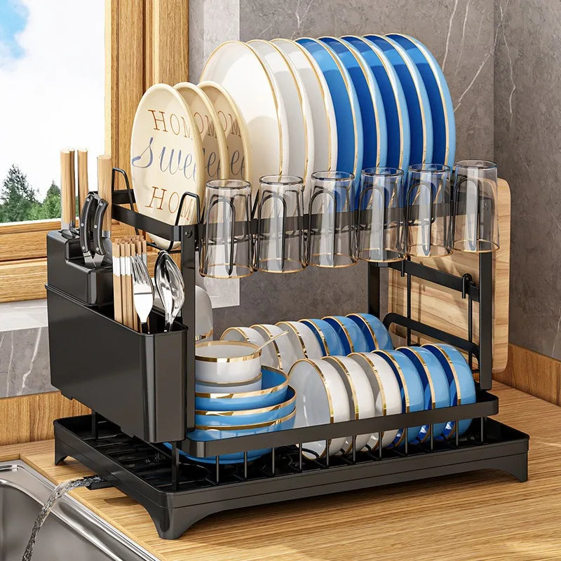 New Dishes Drain Rack Kitchen Tableware Plate Storage Rack Household Multifunctional Tableware Double-layer Shelf