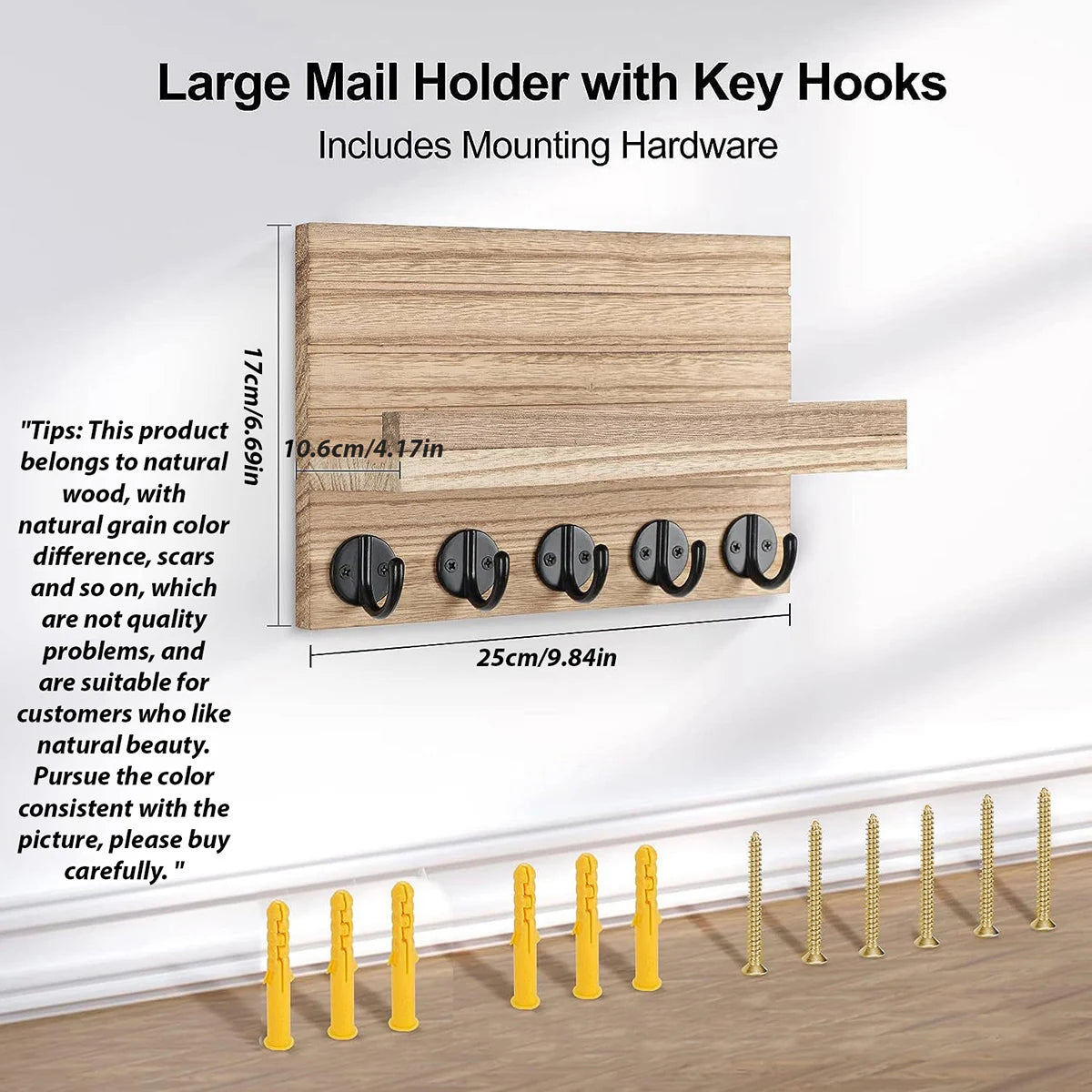 Wooden Key Holder for Entryway Decor Wall Mounted Mail Organizer and Key Hanger with 5 Hooks Rustic Rack for Keys Sunglasses