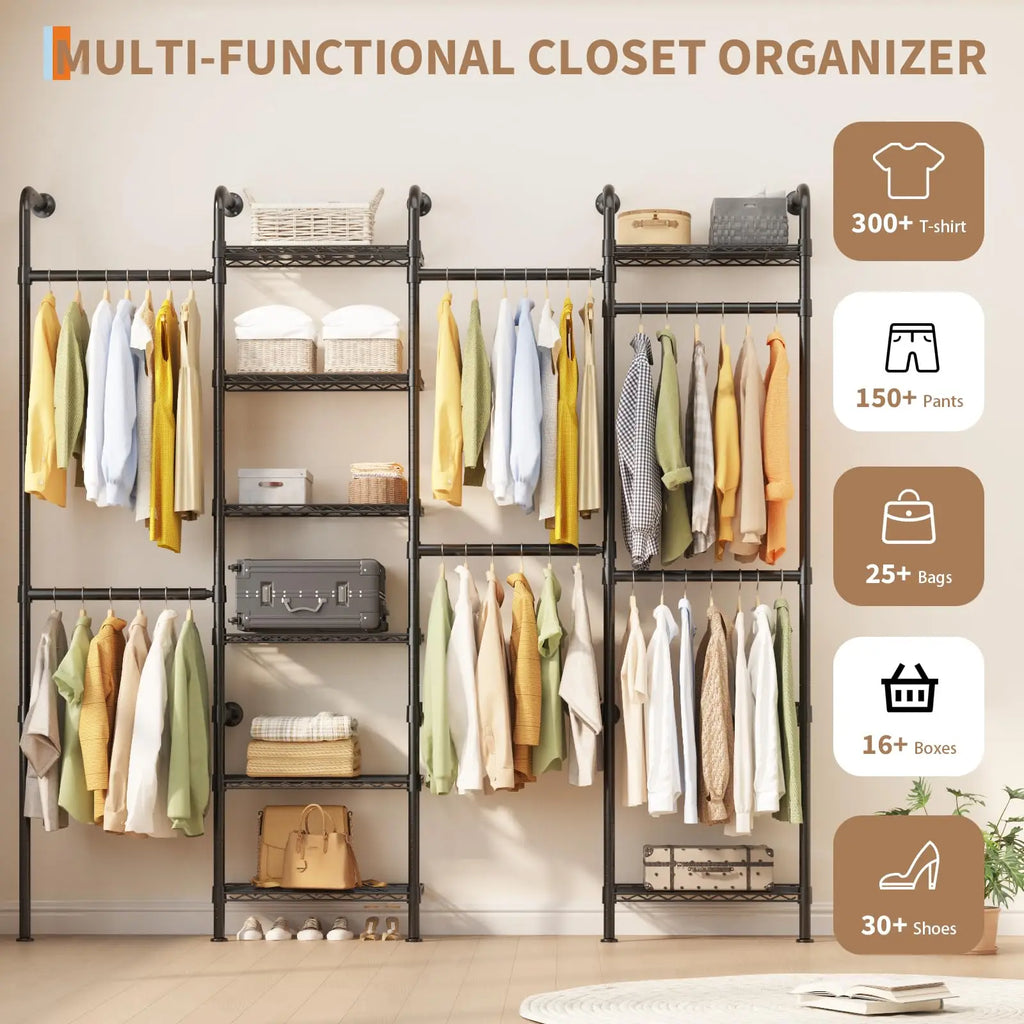 Wall Mounted Pipe Closet Organizer – Expandable Carbon Steel Clothes Rack with Wire Shelves – Adjustable Rods – Matte Black Space-Saving Storage Solution