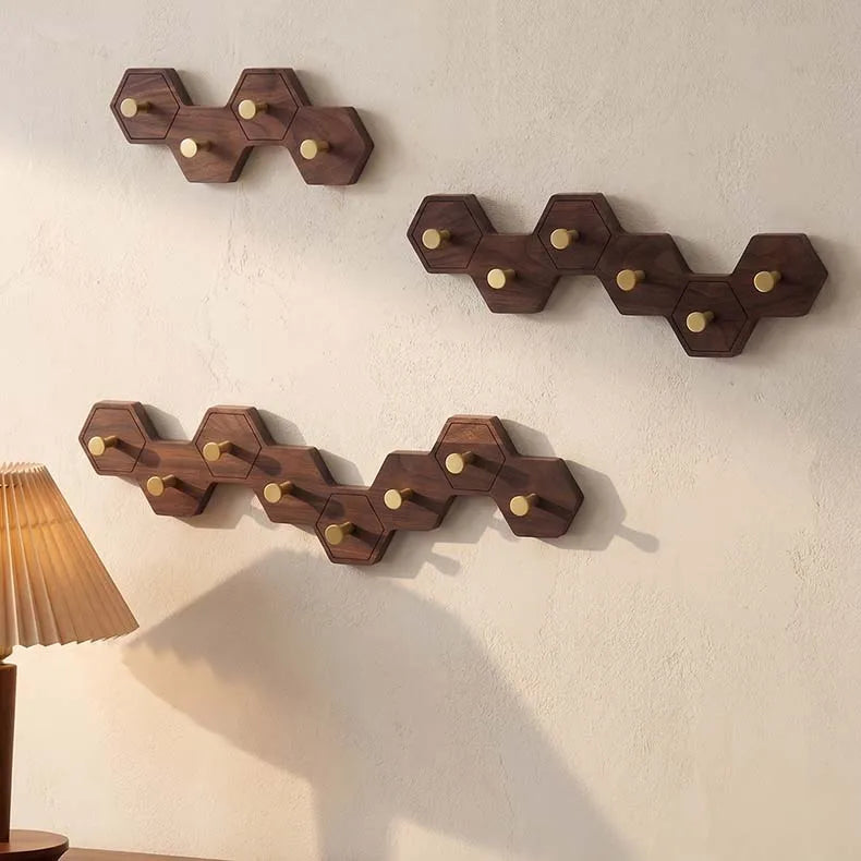 Retro Honeycomb Solid Wood Wall Hooks 4/6/8 Brass Hooks Coat Rack Walnut/Cherry Wood Entryway Clothes Wall Hanging Home Decor