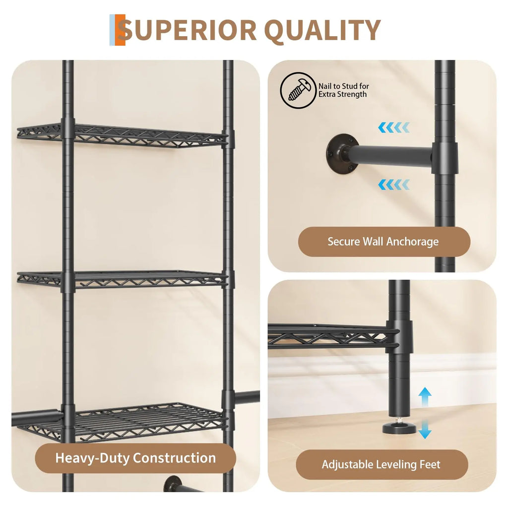 Wall Mounted Pipe Closet Organizer – Expandable Carbon Steel Clothes Rack with Wire Shelves – Adjustable Rods – Matte Black Space-Saving Storage Solution