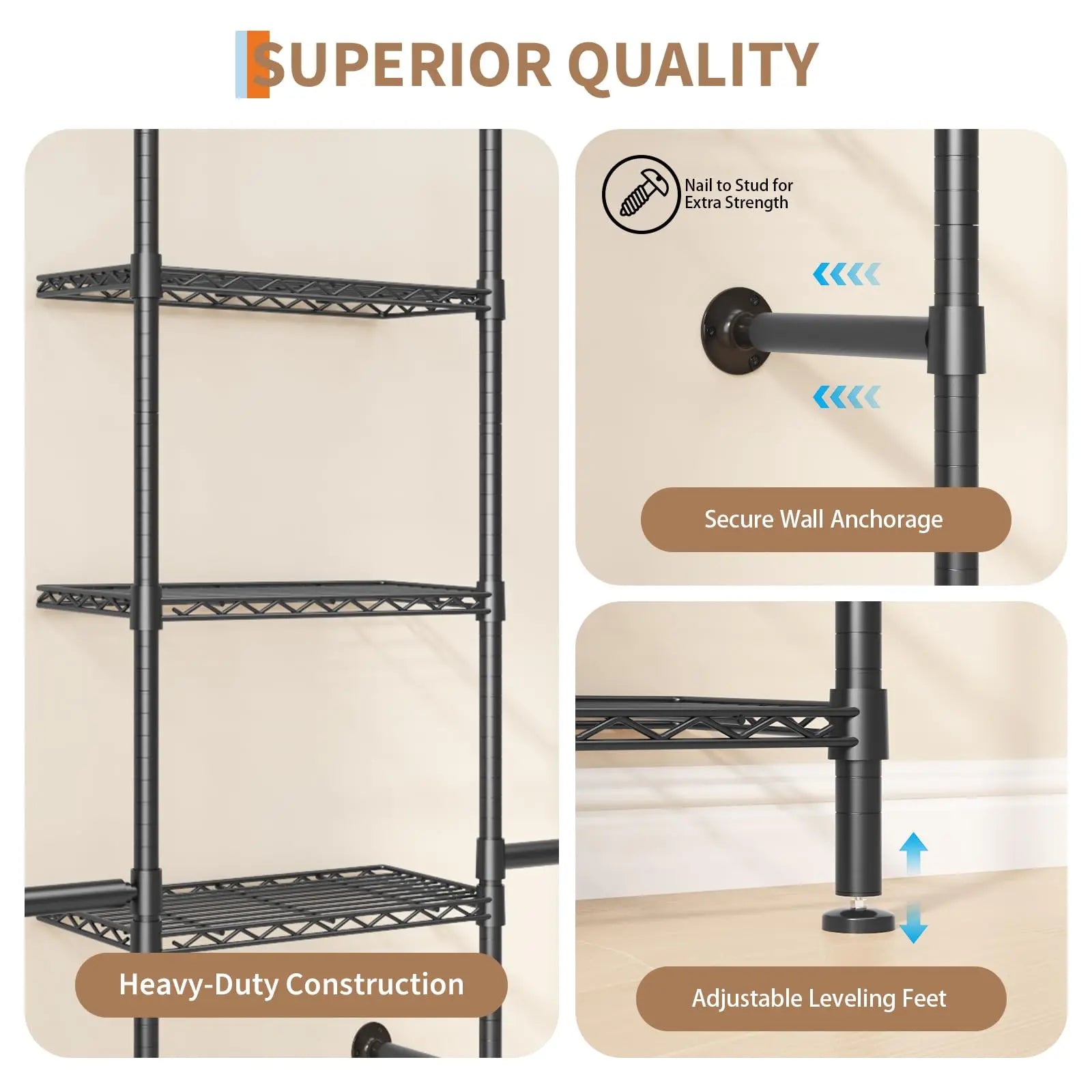 Wall Mounted Pipe Closet Organizer – Expandable Carbon Steel Clothes Rack with Wire Shelves – Adjustable Rods – Matte Black Space-Saving Storage Solution