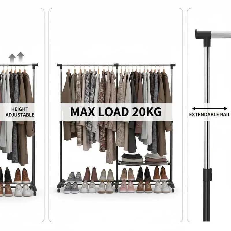 Double Rail Clothes Rack on Wheels with Bottom Shelf, Mobile for Indoor