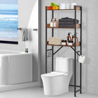 Étagère WC sur pied en bois et métal à côté des toilettes