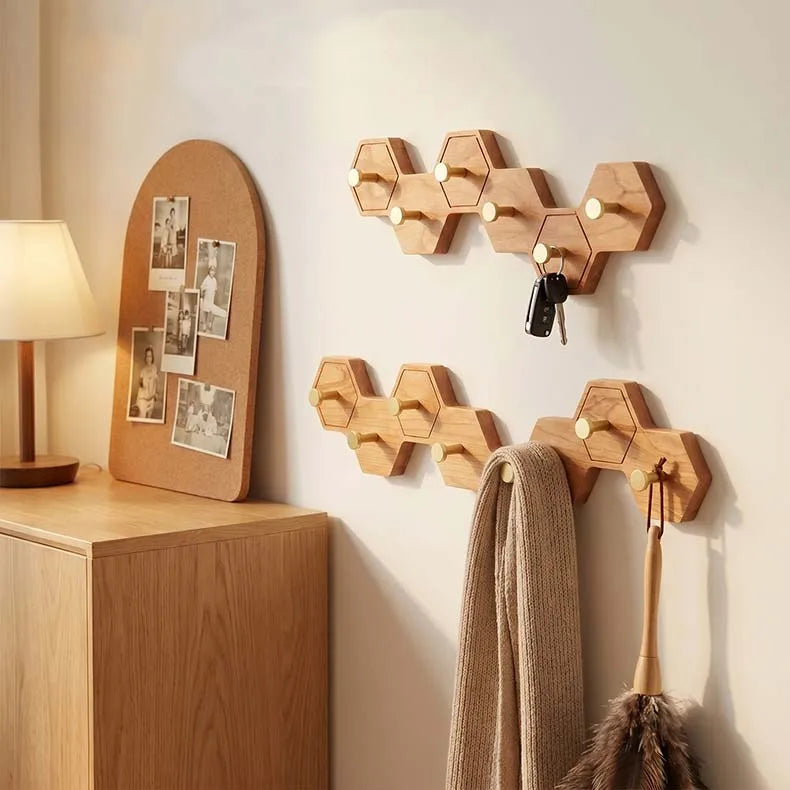 Retro Honeycomb Solid Wood Wall Hooks 4/6/8 Brass Hooks Coat Rack Walnut/Cherry Wood Entryway Clothes Wall Hanging Home Decor