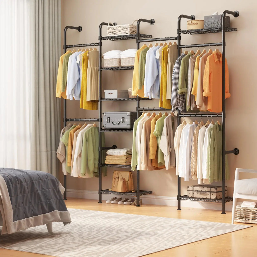 Wall Mounted Pipe Closet Organizer – Expandable Carbon Steel Clothes Rack with Wire Shelves – Adjustable Rods – Matte Black Space-Saving Storage Solution