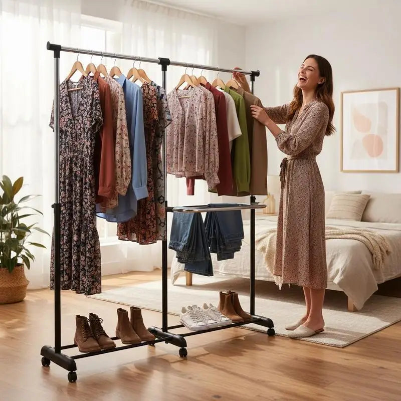 Double Rail Clothes Rack on Wheels with Bottom Shelf, Mobile for Indoor