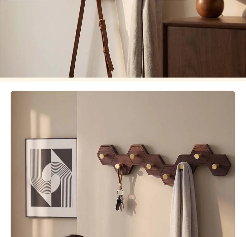 Retro Honeycomb Solid Wood Wall Hooks 4/6/8 Brass Hooks Coat Rack Walnut/Cherry Wood Entryway Clothes Wall Hanging Home Decor