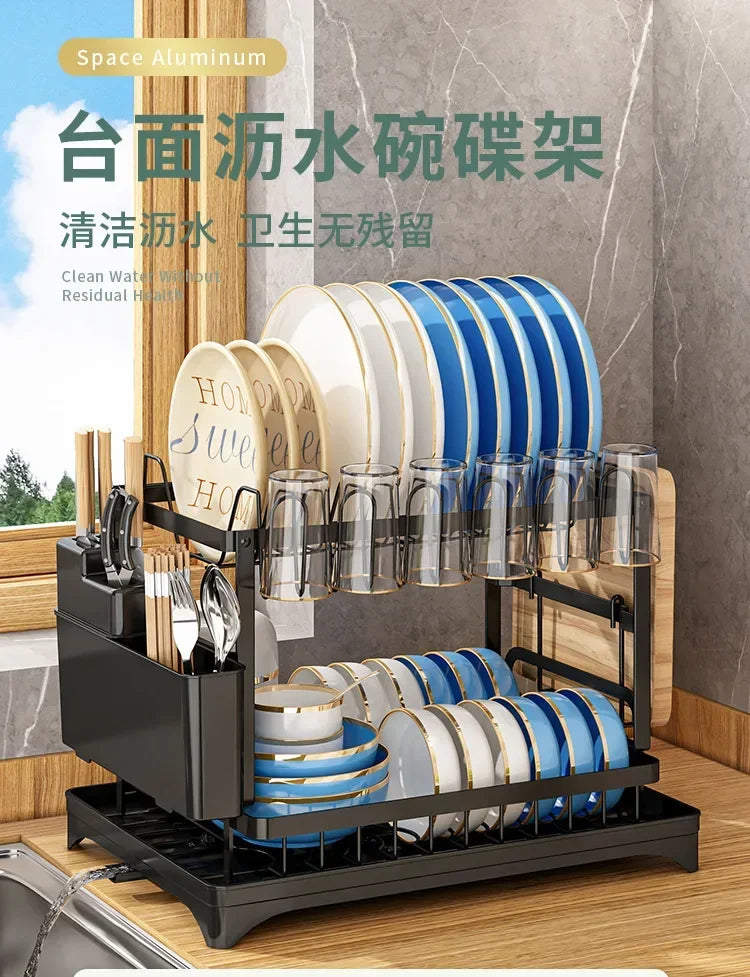 New Dishes Drain Rack Kitchen Tableware Plate Storage Rack Household Multifunctional Tableware Double-layer Shelf