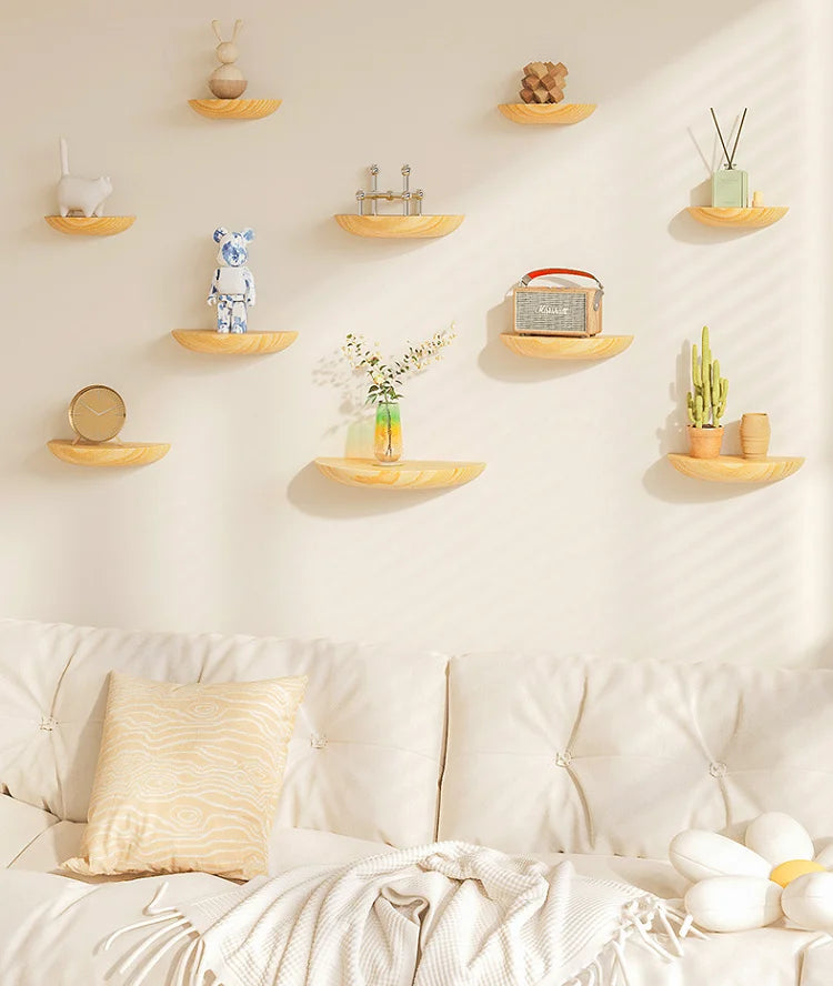 Solid Wooden Semicircle Wall Shelves Background Entryway Decorative Floating Organization Storage Holders Bedroom Kitchen Racks