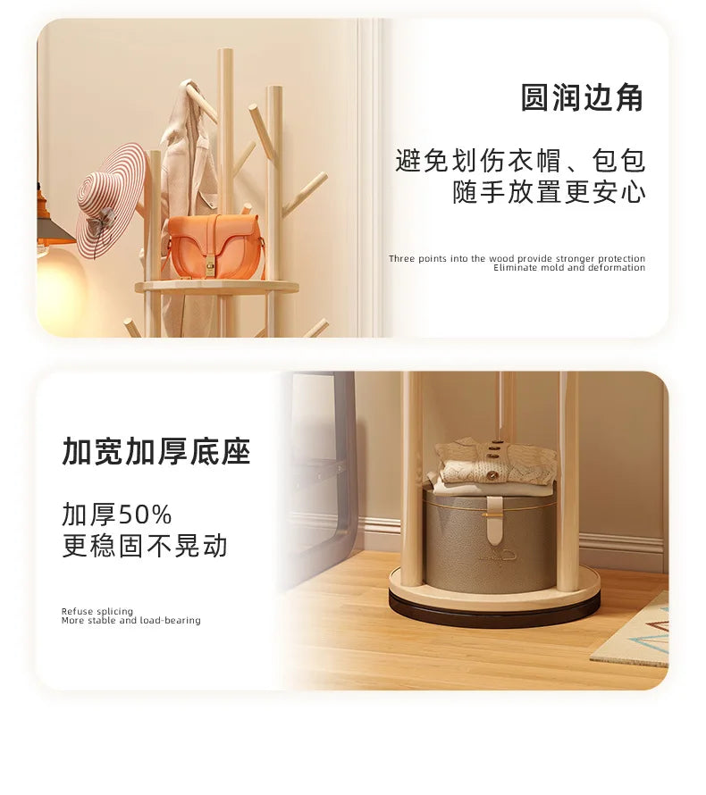 Rotating Wooden Coat Rack Durable Floor Standing Clothes Hanger Bedroom Clothes Rack Stand Space-Saving Storage Rack