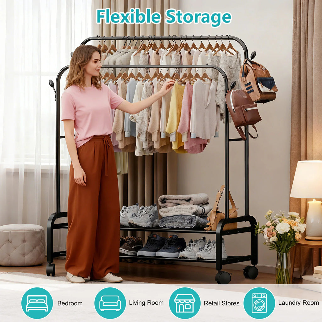 Double-Rail Closet Clothes Rack 2-Layer with Wheels Side Hooks Double Bottom Shelf To 150 lbs for Coats Shoes Organizing
