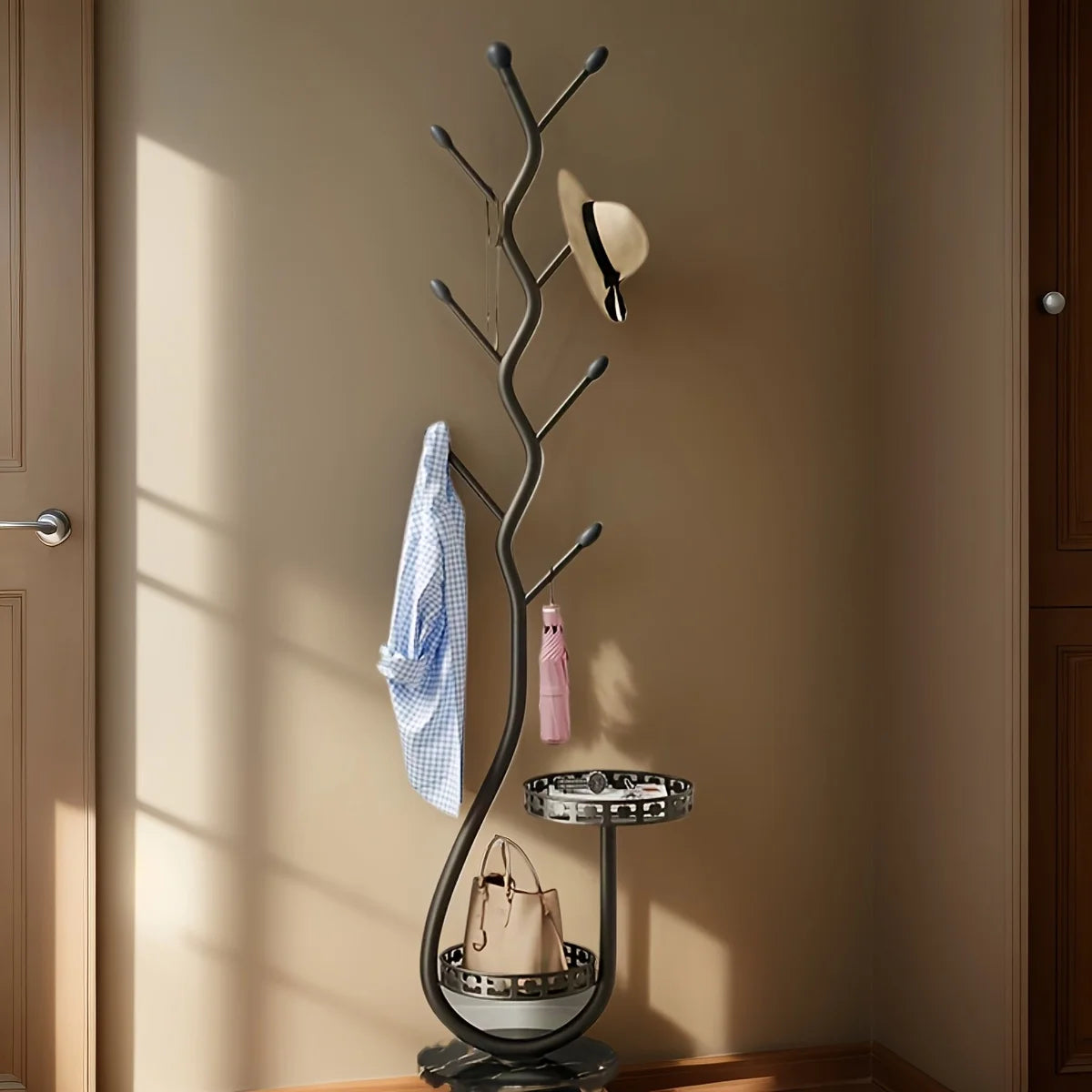 Freestanding Valet Stand with 5-S Hooks, Heavy-Duty Metal Clothes Rack for Entryway/Bedroom, Space-Saving No-Assembly Garment