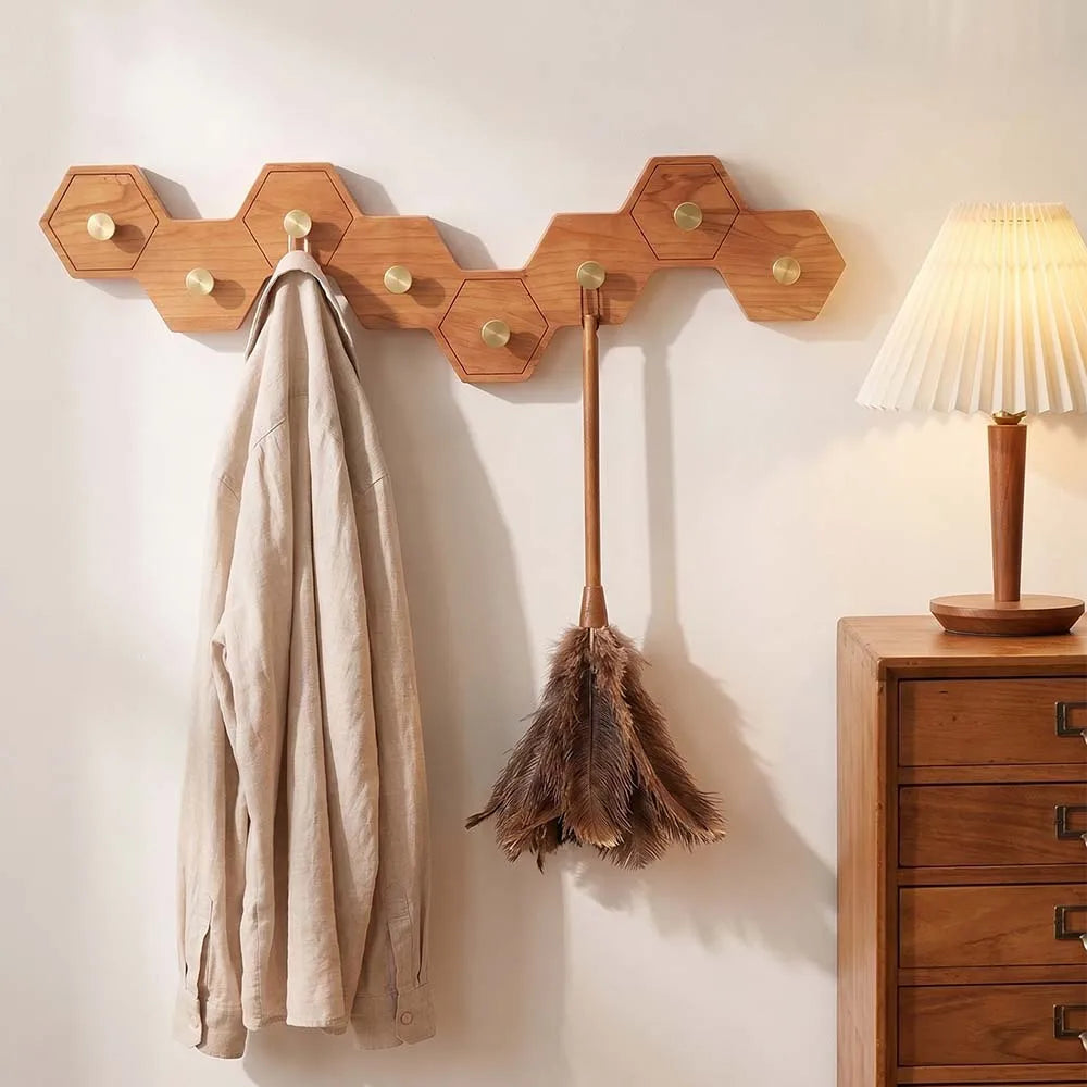 Retro Honeycomb Solid Wood Wall Hooks 4/6/8 Brass Hooks Coat Rack Walnut/Cherry Wood Entryway Clothes Wall Hanging Home Decor