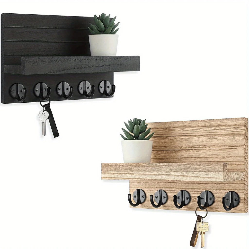 Wooden Key Holder for Entryway Decor Wall Mounted Mail Organizer and Key Hanger with 5 Hooks Rustic Rack for Keys Sunglasses