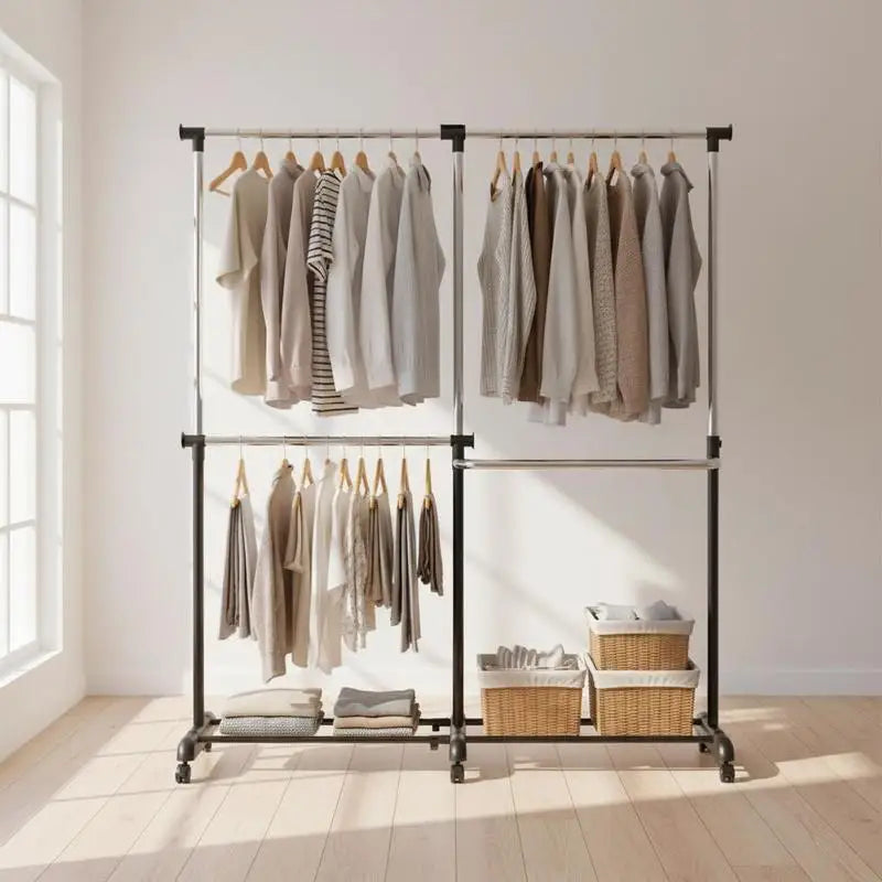Double Rail Clothes Rack on Wheels with Bottom Shelf, Mobile for Indoor