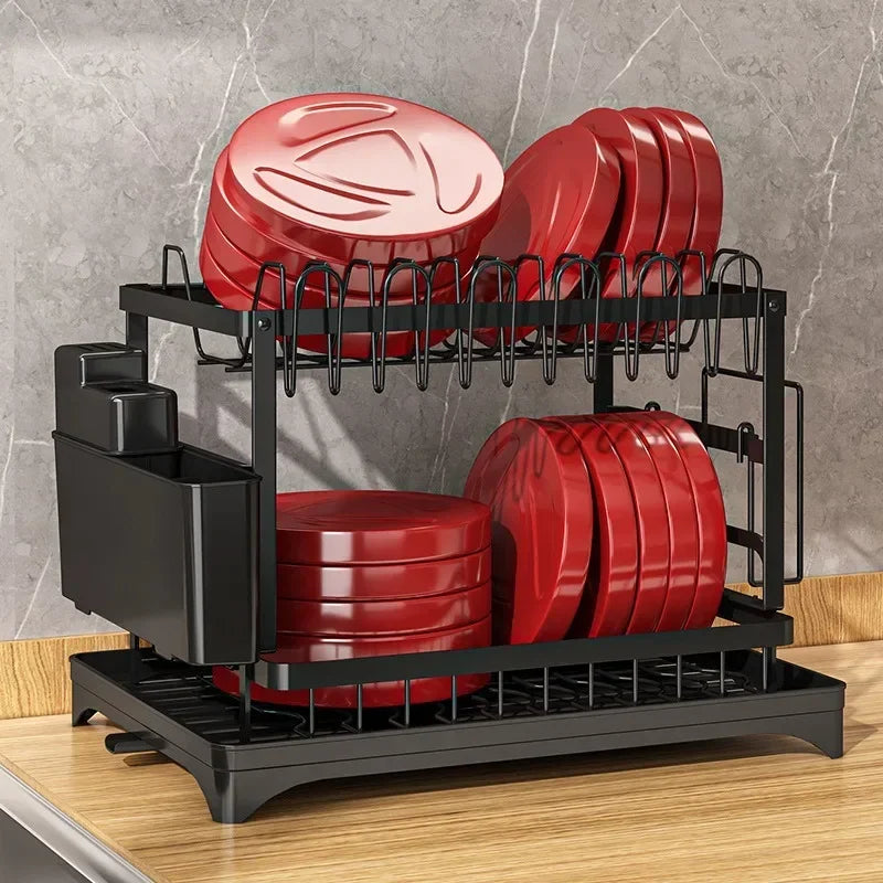 New Dishes Drain Rack Kitchen Tableware Plate Storage Rack Household Multifunctional Tableware Double-layer Shelf