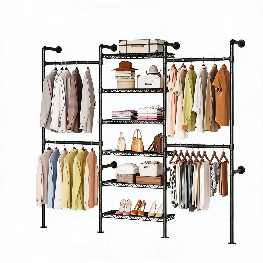 Wall Mounted Pipe Closet Organizer – Expandable Carbon Steel Clothes Rack with Wire Shelves – Adjustable Rods – Matte Black Space-Saving Storage Solution