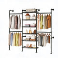Wall Mounted Pipe Closet Organizer – Expandable Carbon Steel Clothes Rack with Wire Shelves – Adjustable Rods – Matte Black Space-Saving Storage Solution