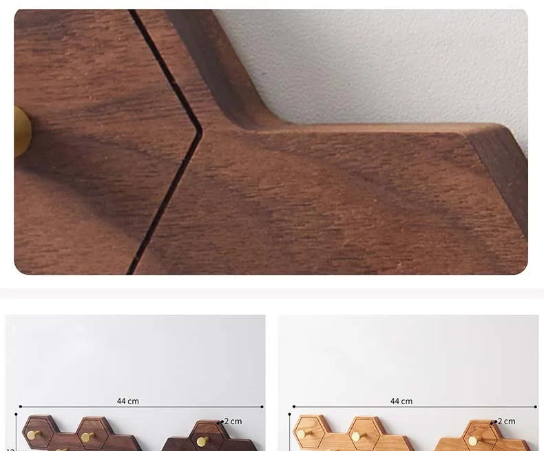 Retro Honeycomb Solid Wood Wall Hooks 4/6/8 Brass Hooks Coat Rack Walnut/Cherry Wood Entryway Clothes Wall Hanging Home Decor
