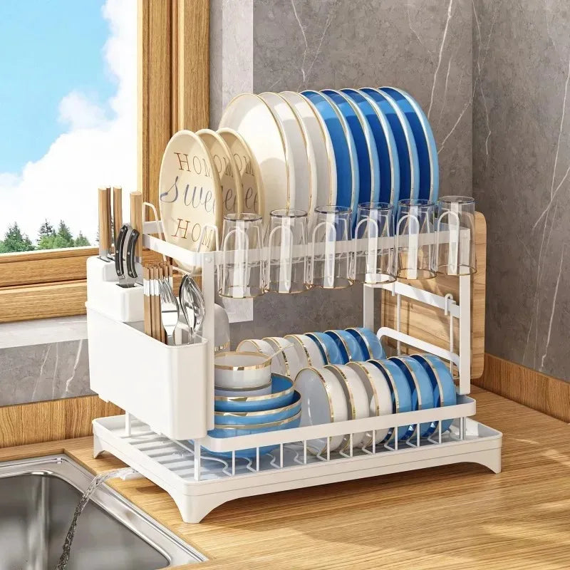 New Dishes Drain Rack Kitchen Tableware Plate Storage Rack Household Multifunctional Tableware Double-layer Shelf