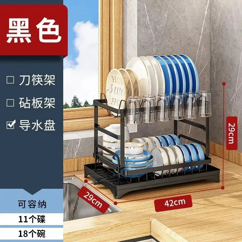New Dishes Drain Rack Kitchen Tableware Plate Storage Rack Household Multifunctional Tableware Double-layer Shelf