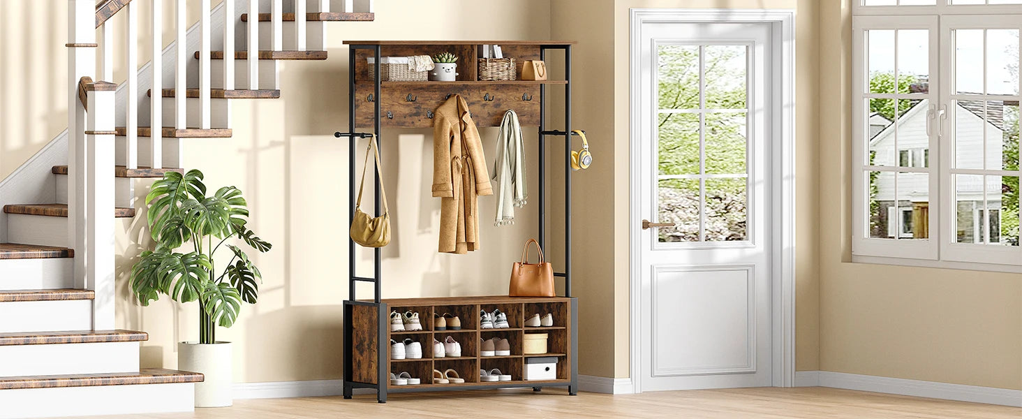 Coat Stand with Shoe Bench, Coat Rack with 13 Hooks, 14 Open Compartments, Adjustable Shelves, Clothes Rack for Hallway