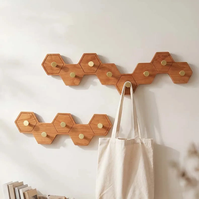 Retro Honeycomb Solid Wood Wall Hooks 4/6/8 Brass Hooks Coat Rack Walnut/Cherry Wood Entryway Clothes Wall Hanging Home Decor