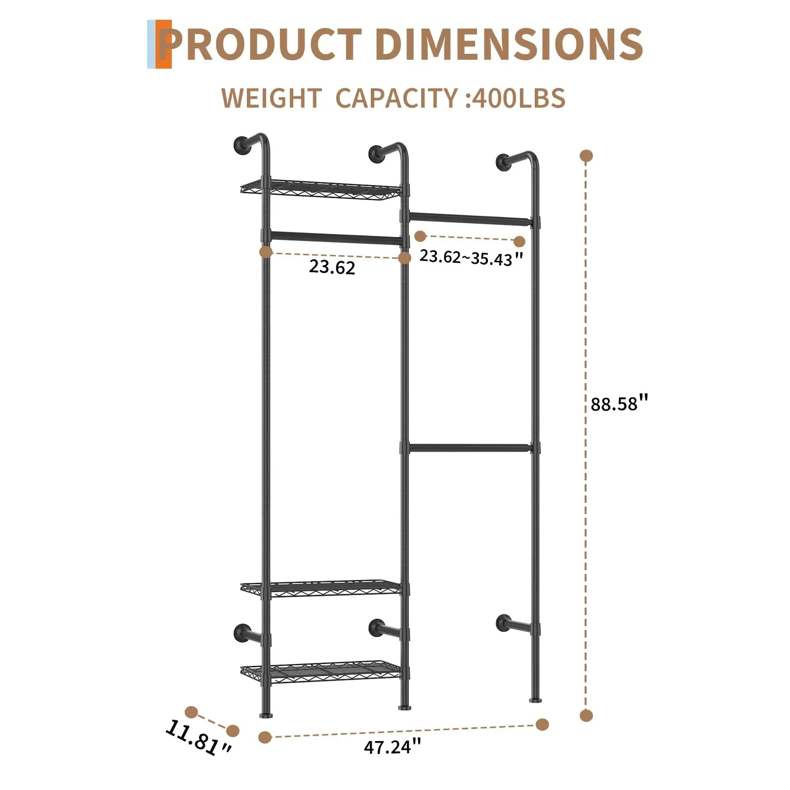 Wall Mounted Pipe Closet Organizer – Expandable Carbon Steel Clothes Rack with Wire Shelves – Adjustable Rods – Matte Black Space-Saving Storage Solution