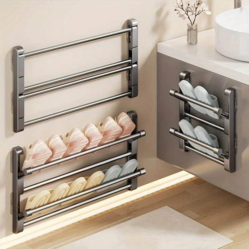 Punch Free Foldable Bathroom Slipper Rack Wall Mount Door Back Drying Shoe Storage Organizer