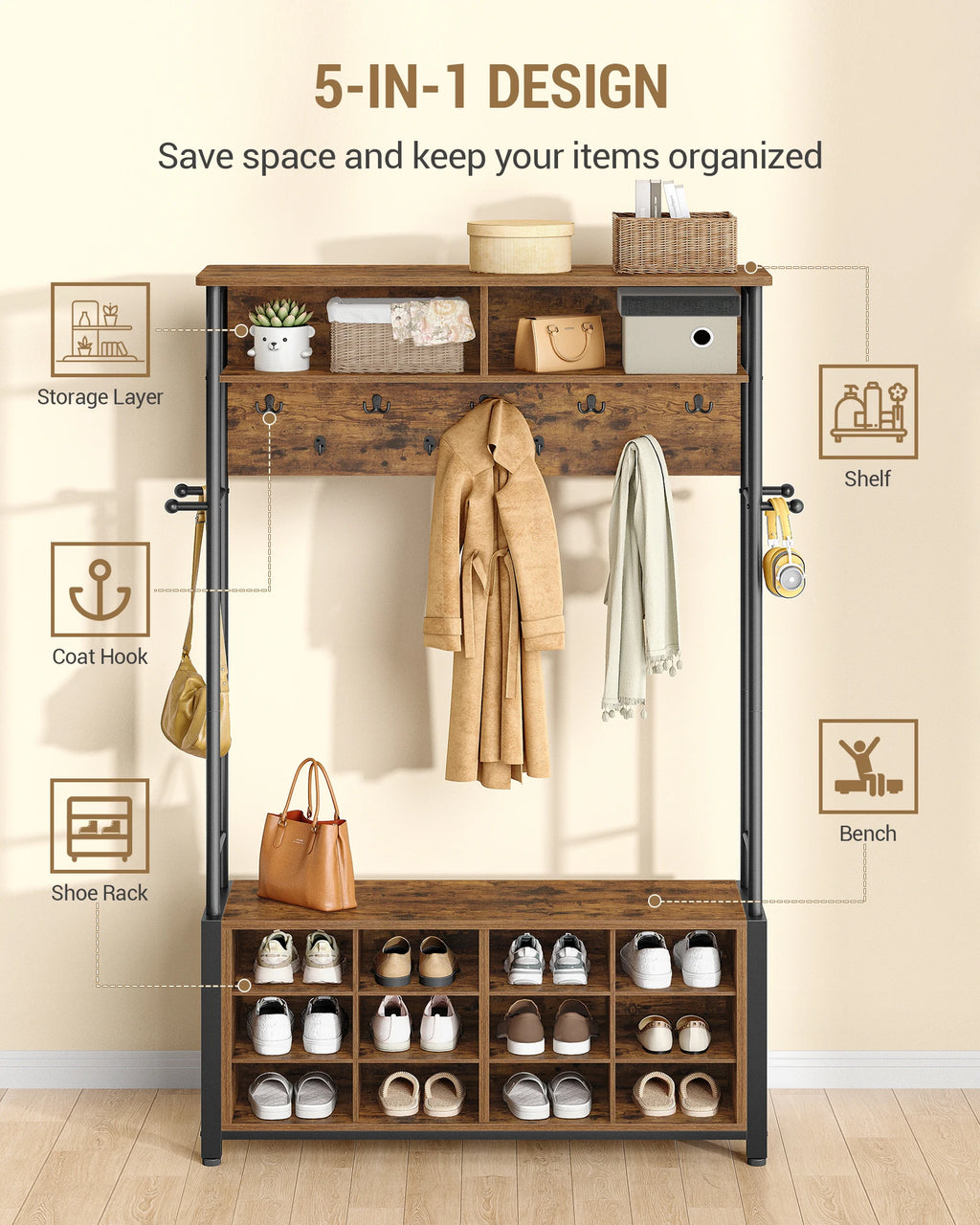Coat Stand with Shoe Bench, Coat Rack with 13 Hooks, 14 Open Compartments, Adjustable Shelves, Clothes Rack for Hallway
