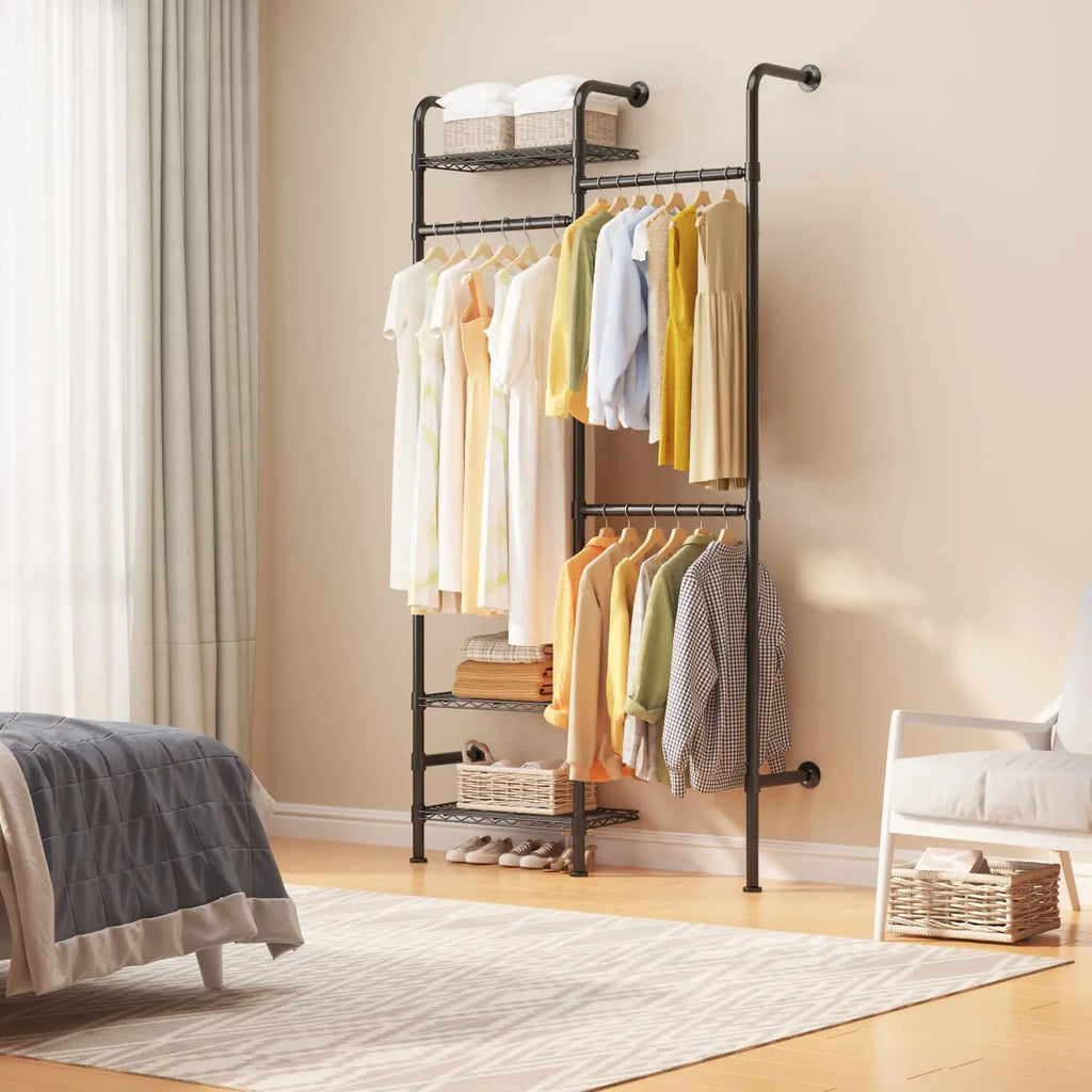 Wall Mounted Pipe Closet Organizer – Expandable Carbon Steel Clothes Rack with Wire Shelves – Adjustable Rods – Matte Black Space-Saving Storage Solution