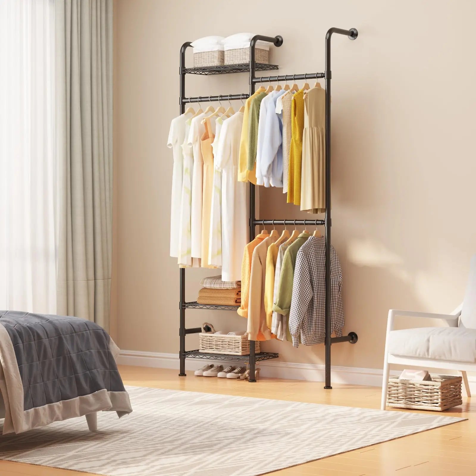 Wall Mounted Pipe Closet Organizer – Expandable Carbon Steel Clothes Rack with Wire Shelves – Adjustable Rods – Matte Black Space-Saving Storage Solution