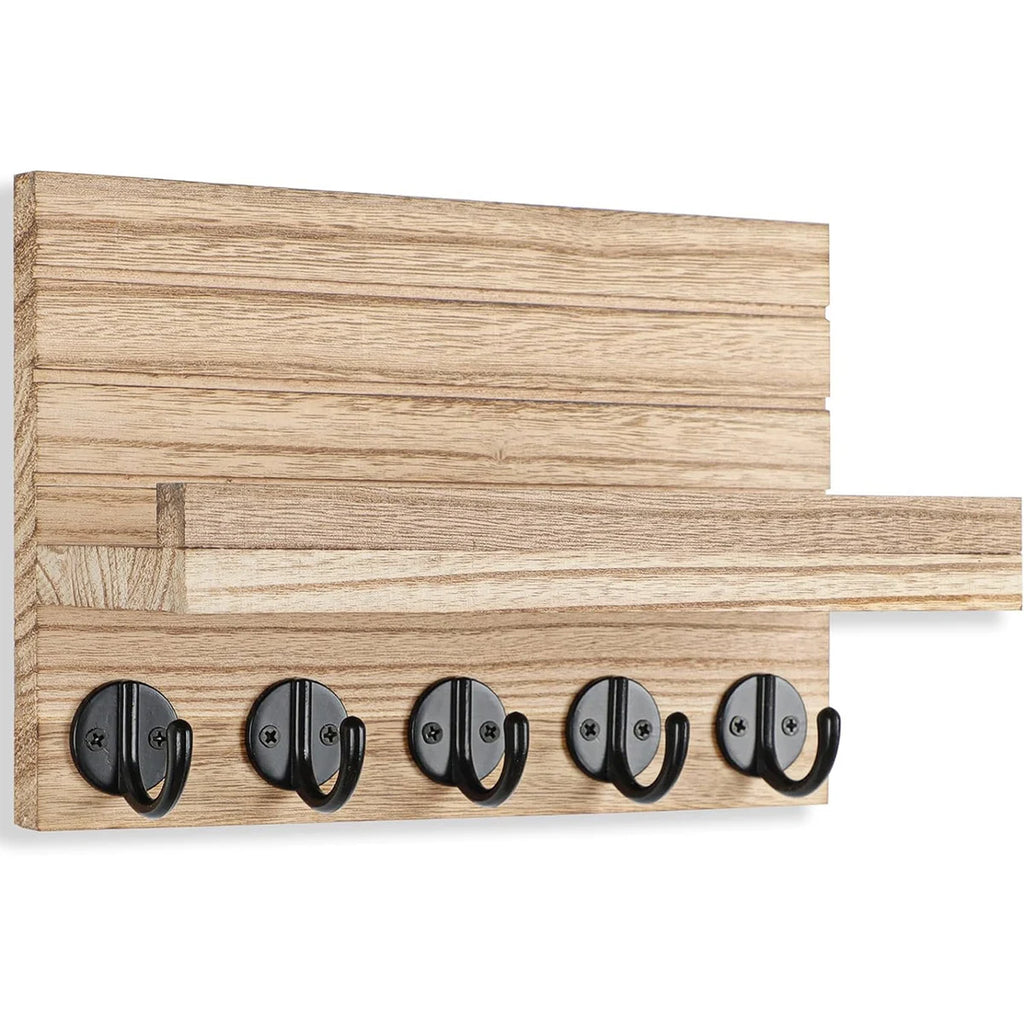 Wooden Key Holder for Entryway Decor Wall Mounted Mail Organizer and Key Hanger with 5 Hooks Rustic Rack for Keys Sunglasses