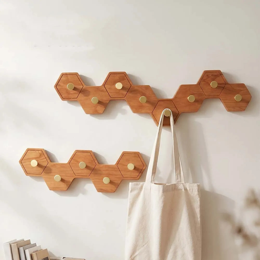 Retro Honeycomb Solid Wood Wall Hooks 4/6/8 Brass Hooks Coat Rack Walnut/Cherry Wood Entryway Clothes Wall Hanging Home Decor