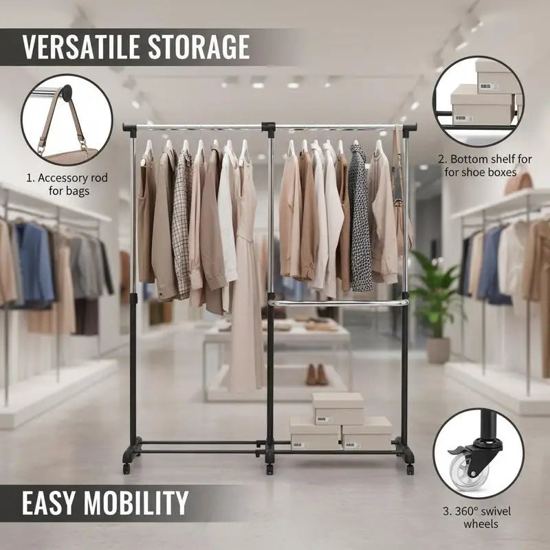 Double Rail Clothes Rack on Wheels with Bottom Shelf, Mobile for Indoor